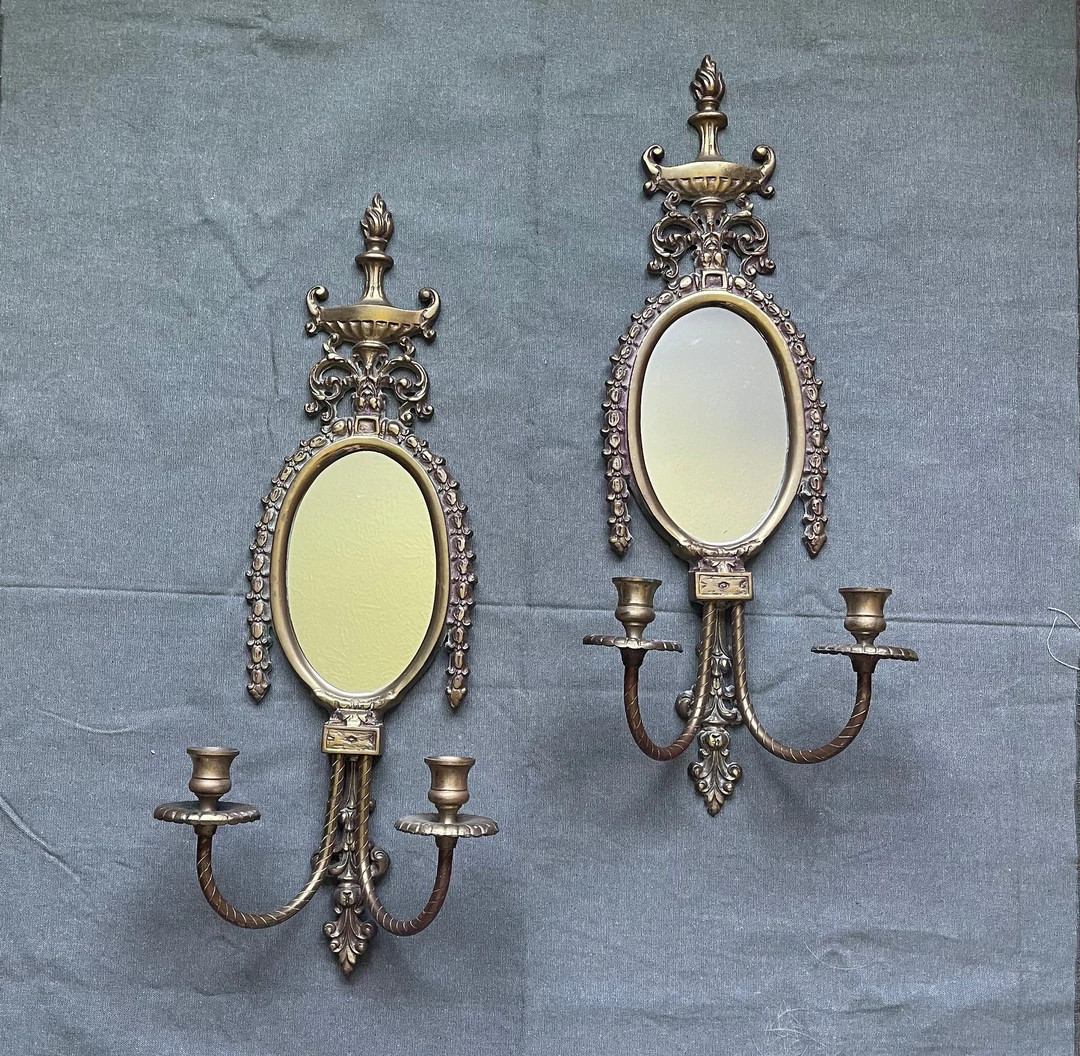 Pair of Vintage Brass Mirrored Wall Sconces Brass Wall Sconces Brass Decor - Etsy | Etsy (US)
