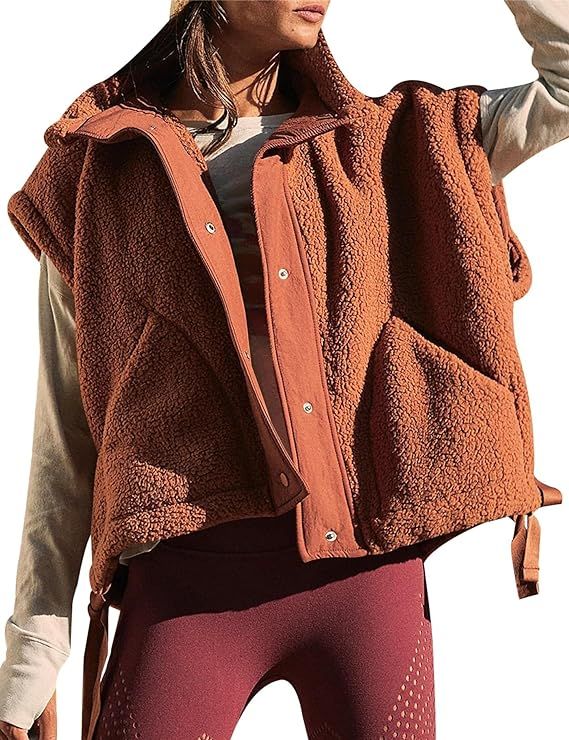 OPCAKM Women's Fuzzy Fleece Vest Oversized Sleeveless Sherpa Jacket Warm Button Down Gilet Outerw... | Amazon (US)