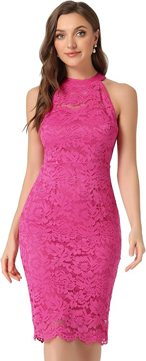 Allegra K Lace Halter Dress for Women's Elegant Sleeveless Bodycon Wedding Guest Cocktail Sheath ... | Amazon (US)