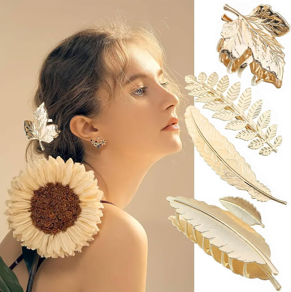 BASEMMAHER 4Pcs Metal Maple Leaf Hair Claw Clips Gold Leaves Hair Clips for Women Big Non-Slip Ha... | Amazon (US)