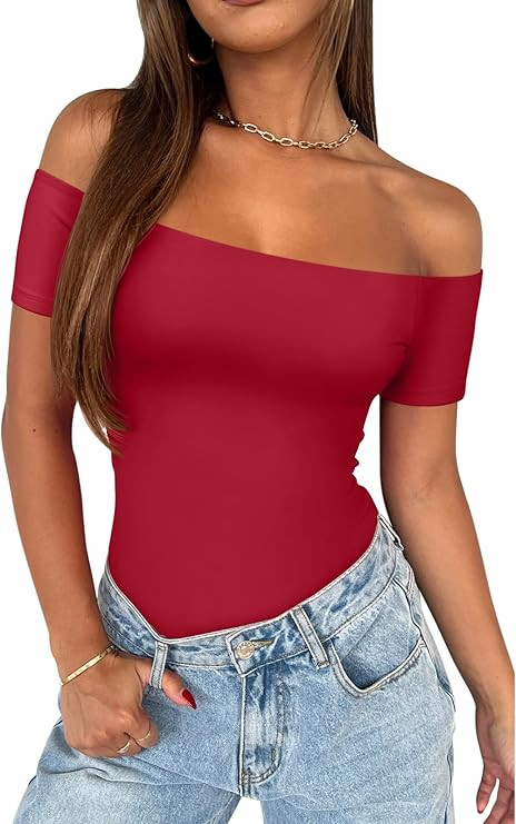 REORIA Women Sexy Off The Shoulder Short Sleeve Backless Basic Double Lined Thong Bodysuit Tops | Amazon (US)