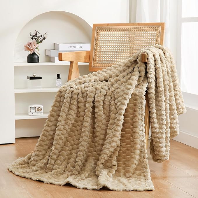 Beige Throw Blanket 50"×60" inches Fuzzy 3D Jacquard Decorative Flannel Fleece Super Soft Plush ... | Amazon (US)