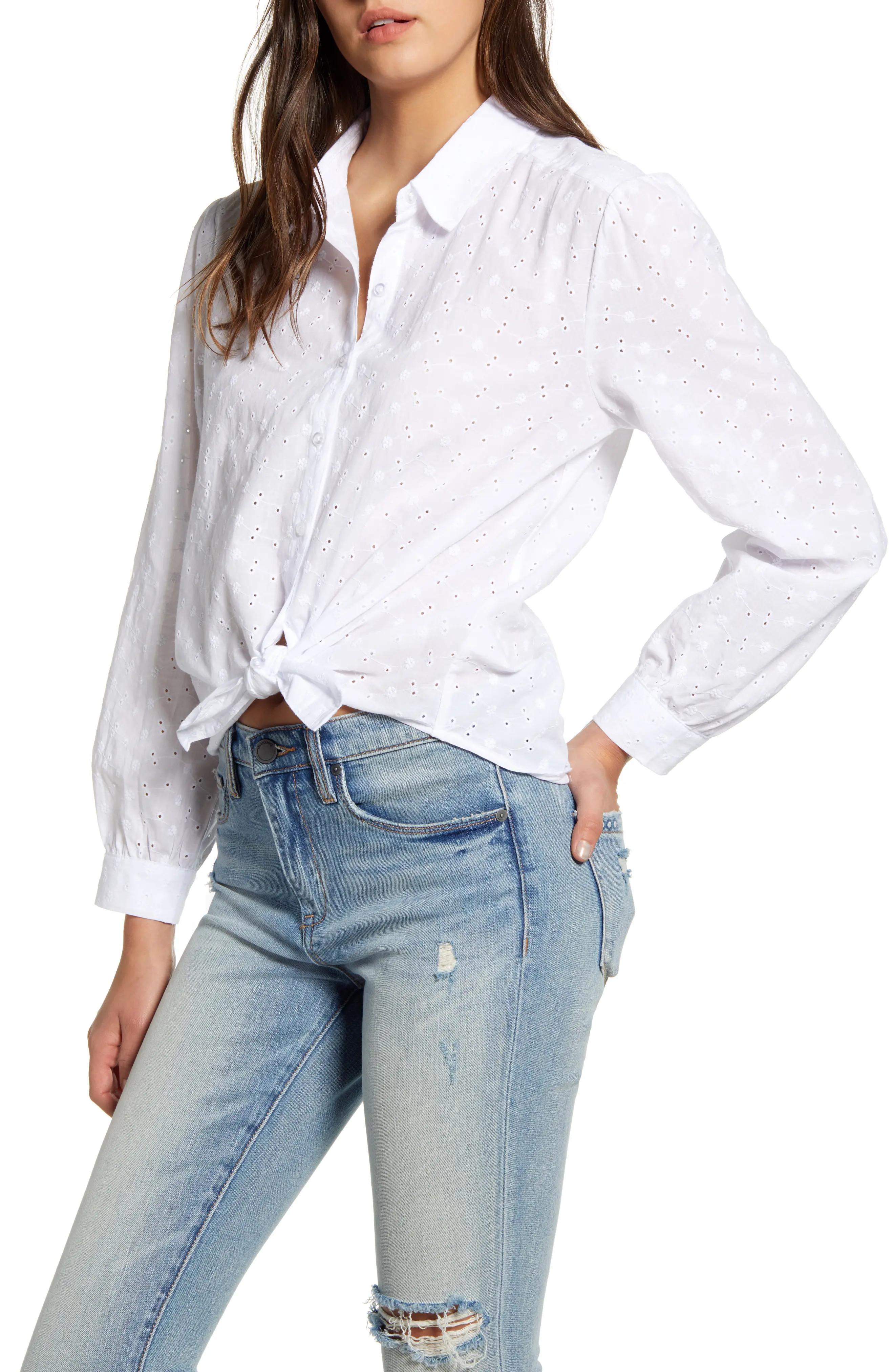 Women's Bp. Eyelet Front Button Shirt, Size Medium - White | Nordstrom