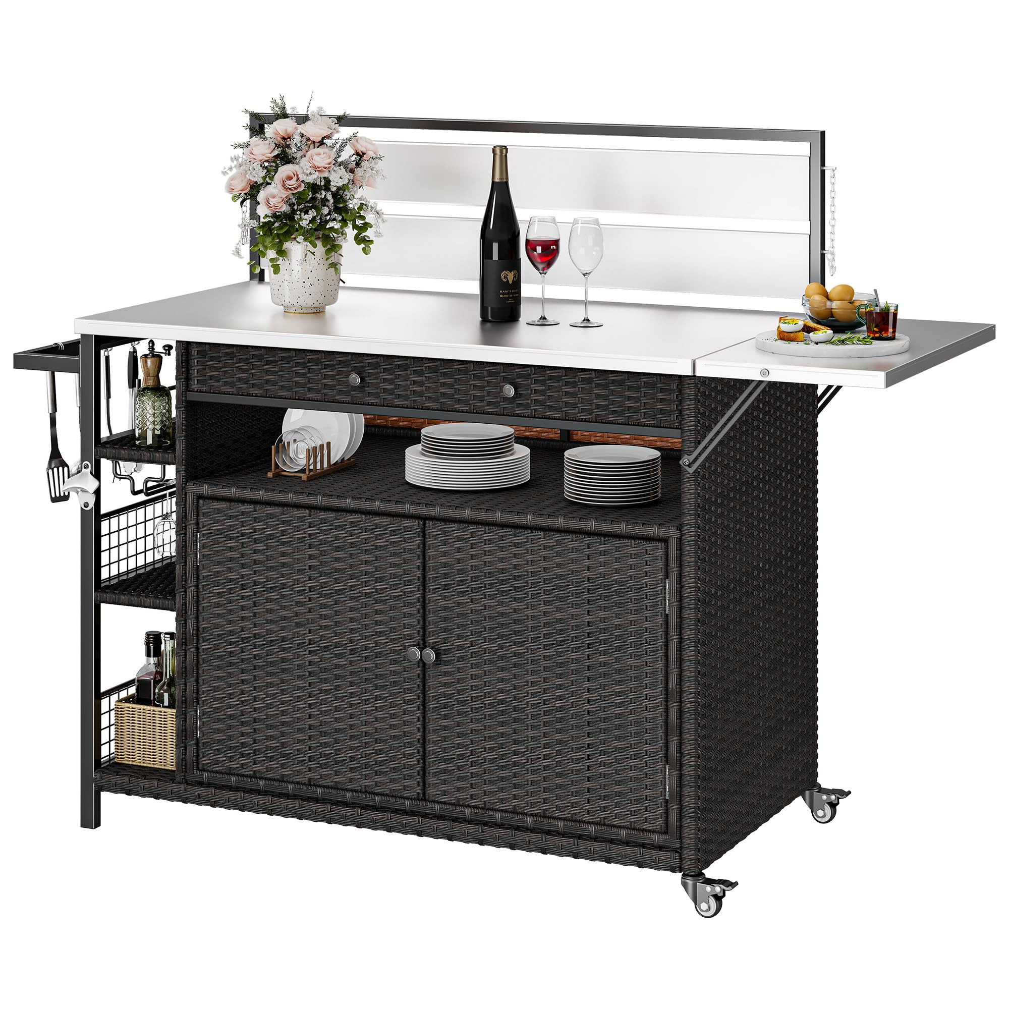 DWVO XL Outdoor Bar Table & Storage Cabinet, Wheels and Stainless Steel Extended Table Top, Patio... | Amazon (US)