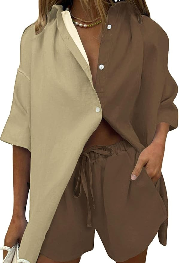 Fixmatti Women 2 Piece Outfit Summer Short Sleeve Top and Shorts Sweatsuit Set | Amazon (US)