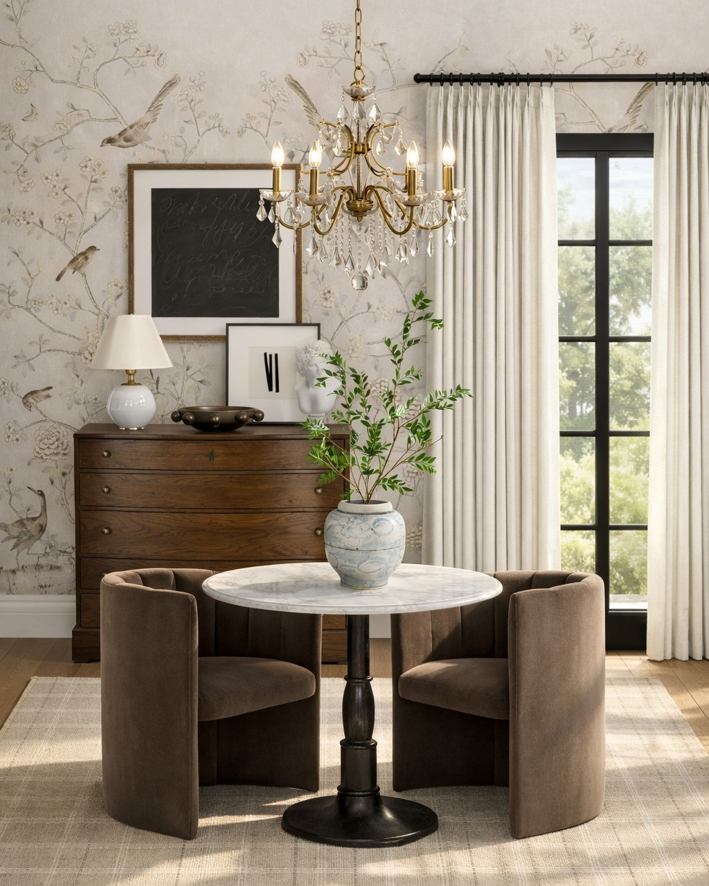 Updated Classic, But Make It Fresh 🤎✨ This is what happens when traditional bones meet modern restraint. Nothing fussy. Nothing overly precious. Just layers that feel collected and intentional, maximizing space in a petite dining nook in the city.
• Warm wood dresser for grounding • Marble bistro table for contrast • Sculptural barrel chairs in rich mocha • Soft botanical wallpaper for movement • Brass + crystal chandelier (because drama is allowed) • Tailored ivory drapery to frame it all It’s giving European apartment energy without trying too hard. Moody, warm, refined — but still livable. If your dining space feels flat, it’s probably missing contrast: dark + light, matte + shine, wood + stone. 

 #LTKHome