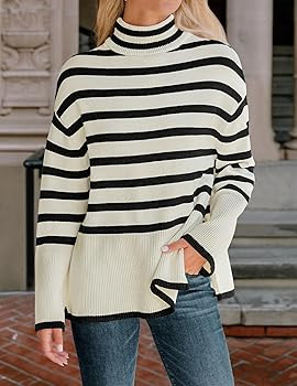ZESICA Women's Winter Sweaters Casual Turtleneck Long Sleeve Striped Side Slit Loose Pullover Swe... | Amazon (US)
