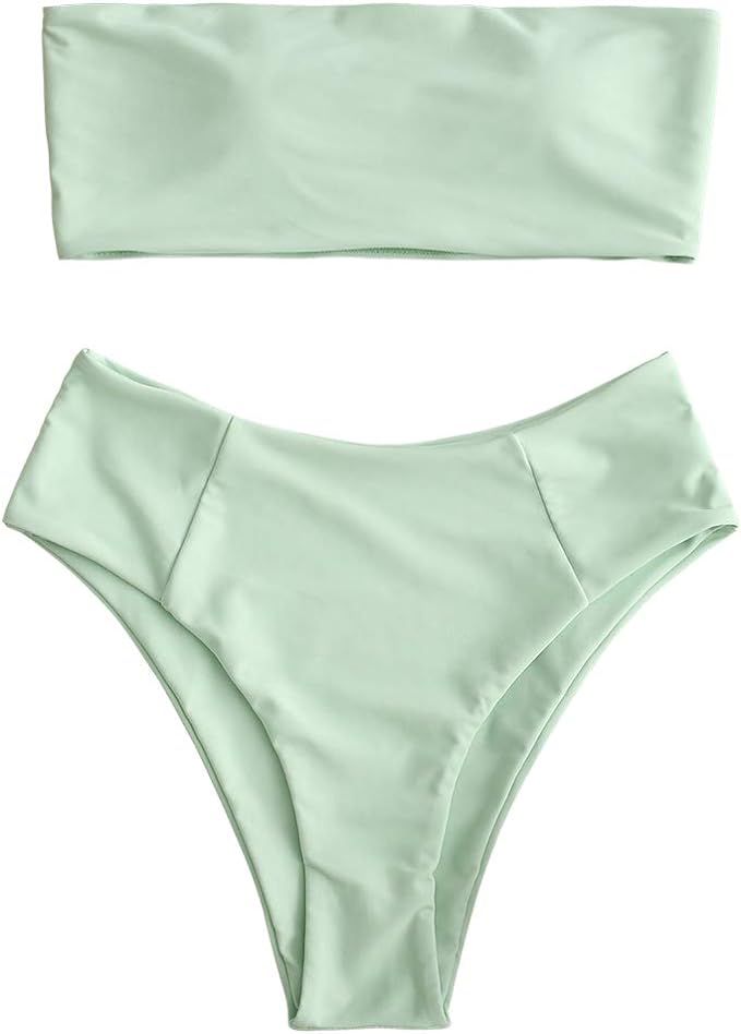 ZAFUL Women's High Cut Bandeau Bikini Set Strapless Solid Color 2 Pieces Bathing Suit Swimsuit | Amazon (US)