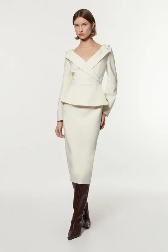 Compact Stretch Tailored Asymmetric Peplum Pencil Midi Dress | Karen Millen US