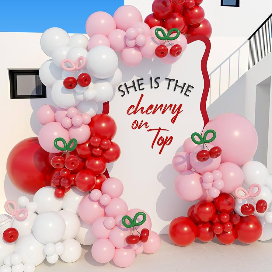 152PCS Cherry Balloons Garland Kit, Cherry On Top Theme Red Pink White Balloon Arch Kit with Glue... | Amazon (US)