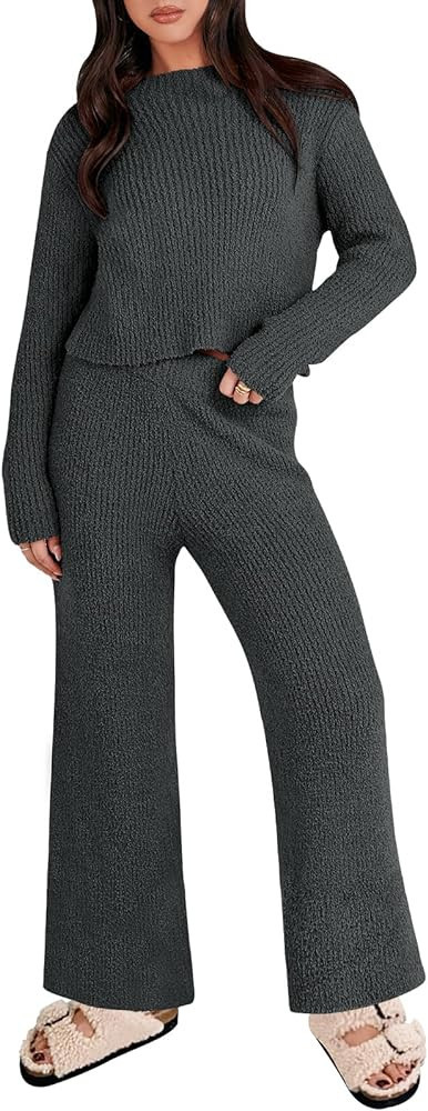 ANRABESS Women's Two Piece Outfits Chunky Knit Fuzzy Sweater Set Long Sleeve Crop Pullover Wide L... | Amazon (US)