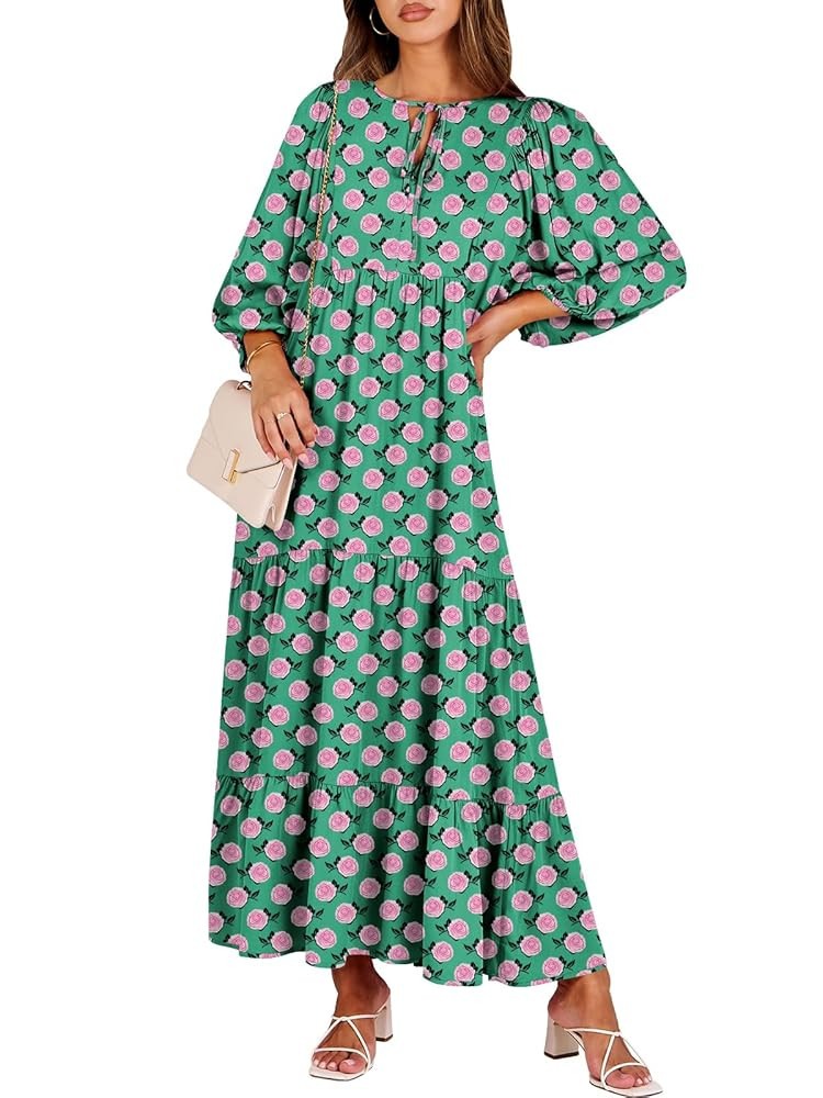 ANRABESS Womens Boho Maxi Dresses 2025 Summer V Neck Puff Sleeve Floral Flowy Swing Casual Long D... | Amazon (US)