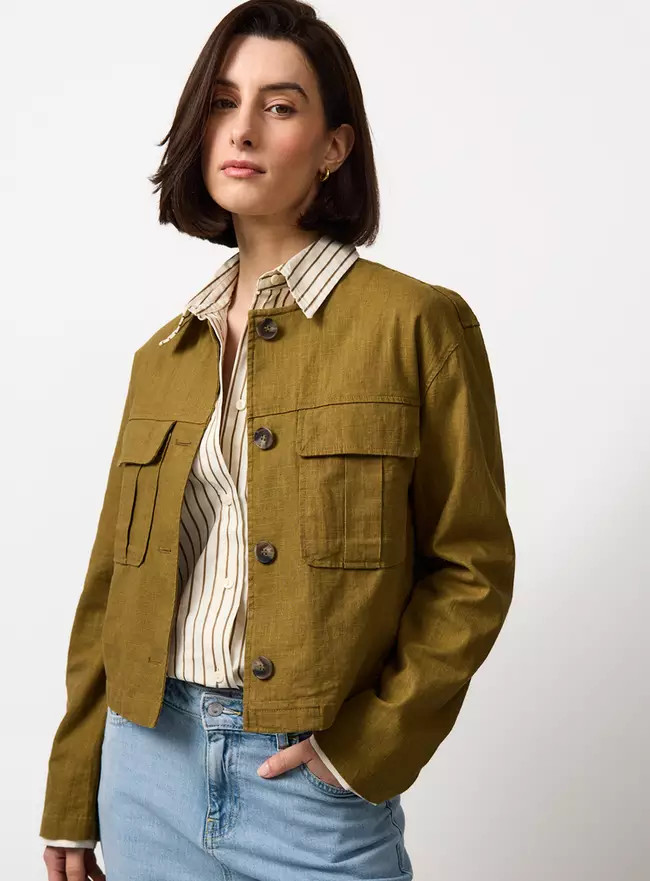 Buy Khaki Cropped Linen Blend Shacket 22 | Coats | Tu | Tu Clothing