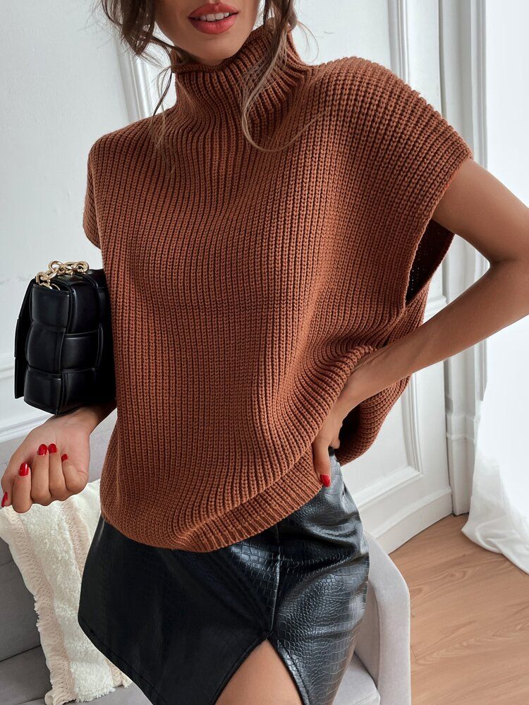 Solid High Neck Batwing Sleeve Knit Top | SHEIN