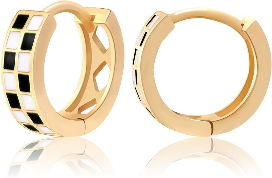 18k Gold Filled Checkered Hoop Earrings,Enamel Small Hoops Earrings For Women Hypoallergenic Earr... | Amazon (US)