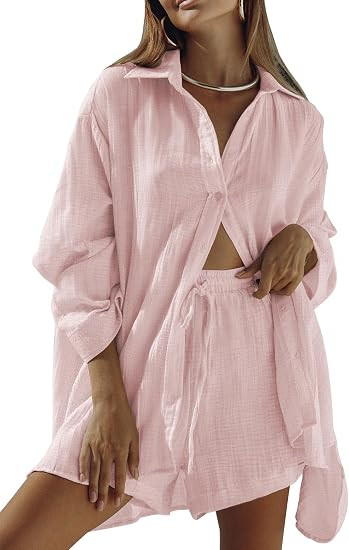 Fixmatti Women 2 Piece Outfits Long Sleeve Button Down Blouse and Shorts Sweatsuit Sets | Amazon (US)