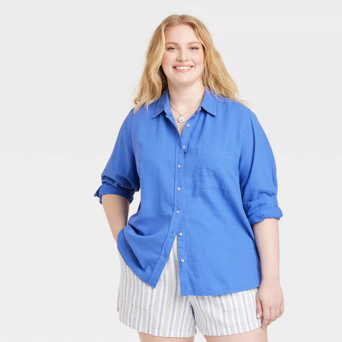 Women's Long Sleeve Collared Linen Button-Down Shirt - Universal Thread™ Blue 1X | Target