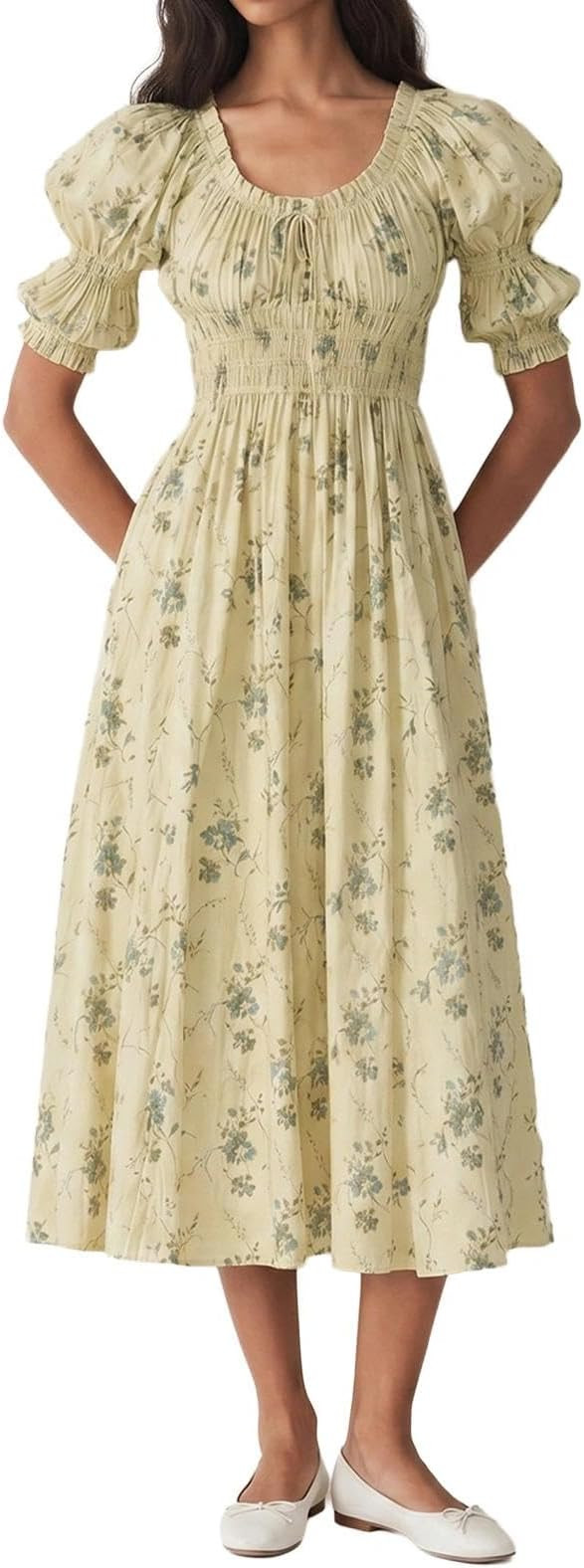 ABYOVRT Women Smocked Dresses Puff Sleeve Off Shoulder Flowy Midi Dress Baby Shower Summer Fall | Amazon (US)