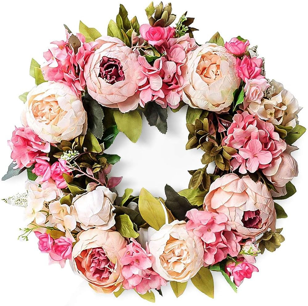 LASPERAL Peony Wreath for Front Door, 15 Inch Artificial Spring Summer Flower Door Wreath Decorat... | Amazon (US)