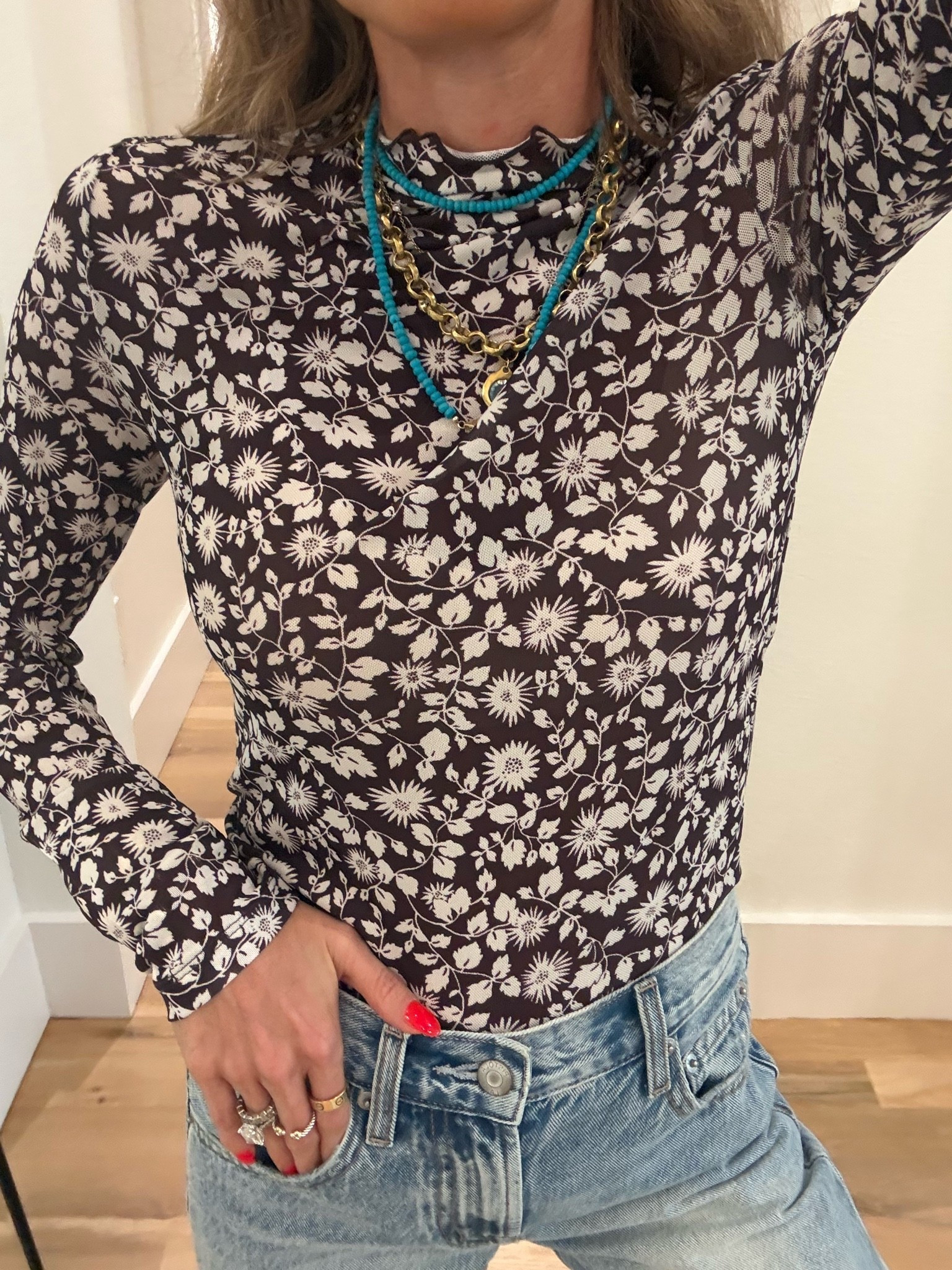 Loving this mesh floral mock neck top for fall and great for fall photos wearing smallest size