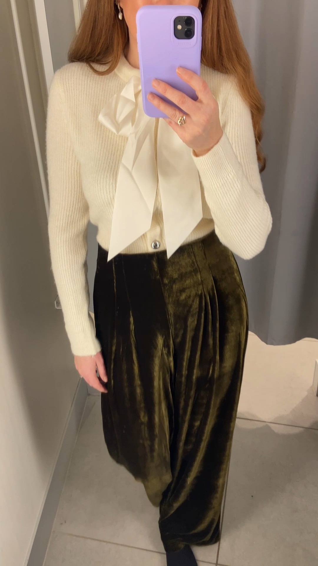 New in H&M Christmas party vibes, but make it luxe 🫒🍸✨ This cream bow-detail knit paired with green velvet wide leg trousers is giving all the festive feels. Perfect for cocktails, dinners, or any winter celebration! I’m wearing an XS in the top and a UK 10 in the trousers. Christmas outfits, sequin trousers, party outfits, sequins, Christmas party outfits 

#LTKuk #LTKpartywear #LTKfestive