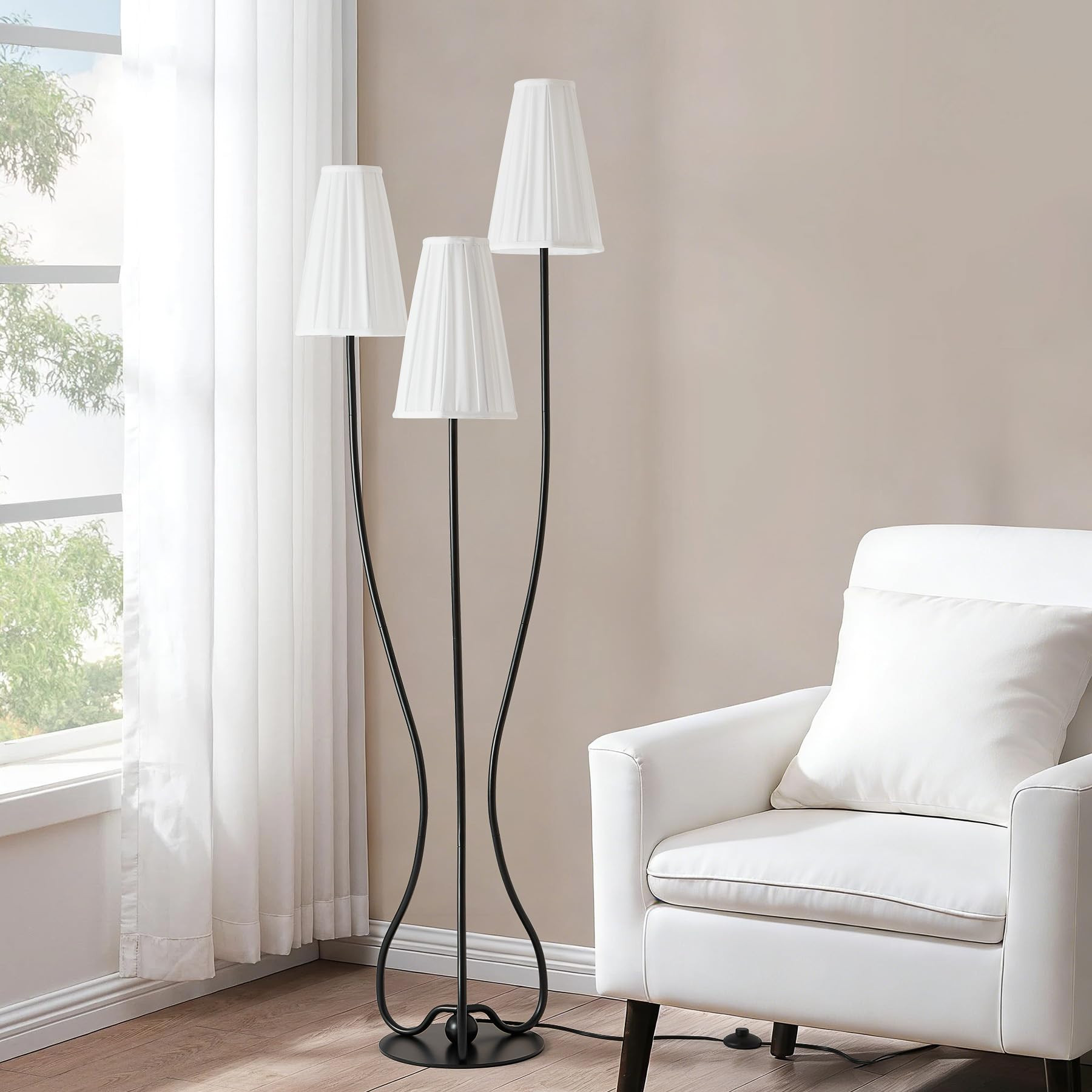 ZenGlimmer Sculptural Vintage Floor Lamp, 3-Light Standing Lamps with Curved Iron Base & Octagonal Linen Pleated Shades, Statement Lighting for Living Room, Bedroom, Studio (Pleated Fabric Shade) | Amazon (US)