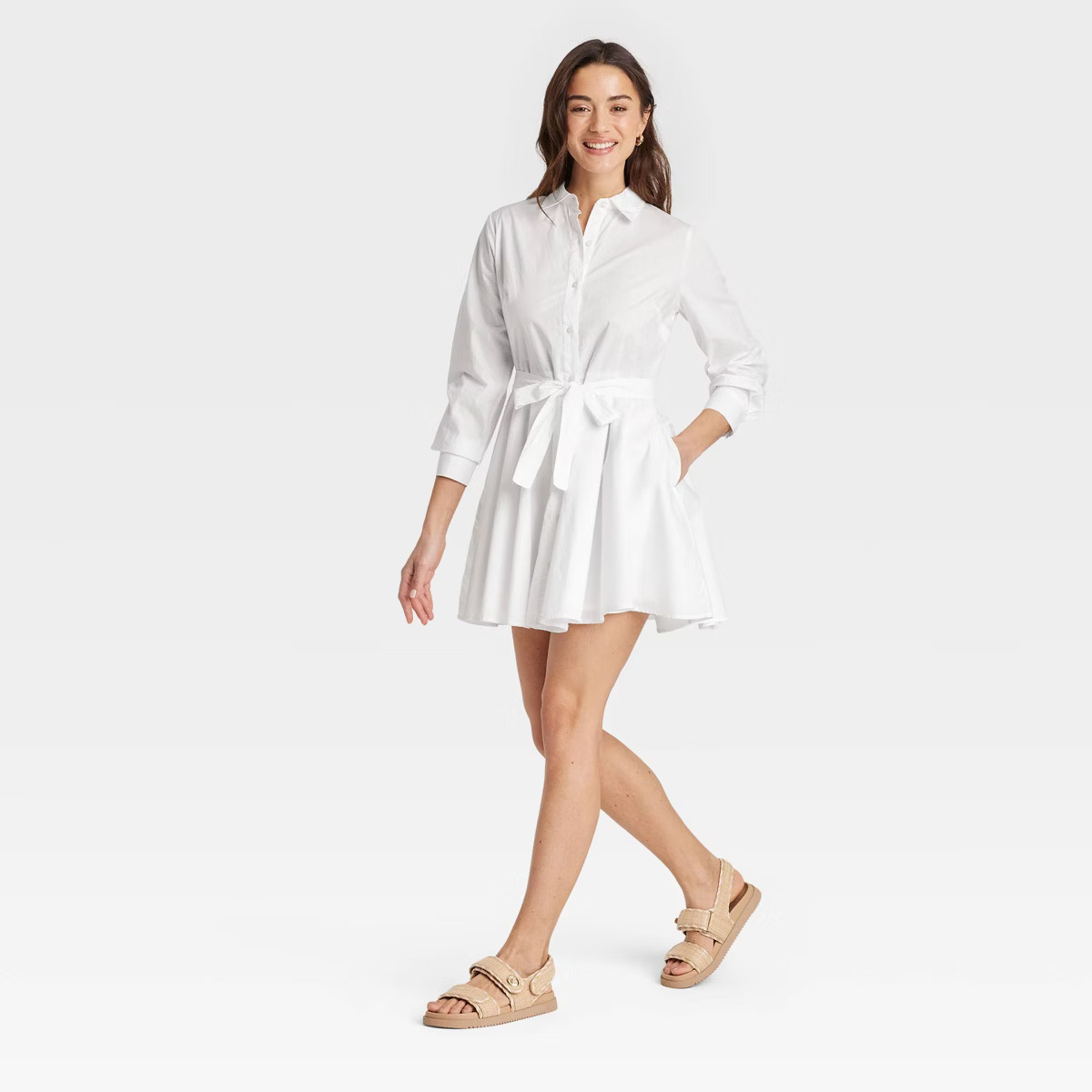 Women's Long Sleeve Mini Shirtdress - A New Day™ White XS | Target