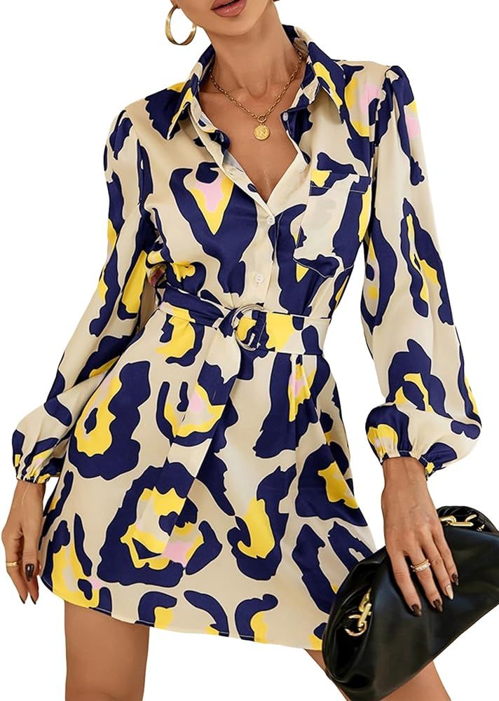 Verdusa Women's Long Lantern Sleeve Button Down Belted Allover Print Mini Shirt Dress | Amazon (US)