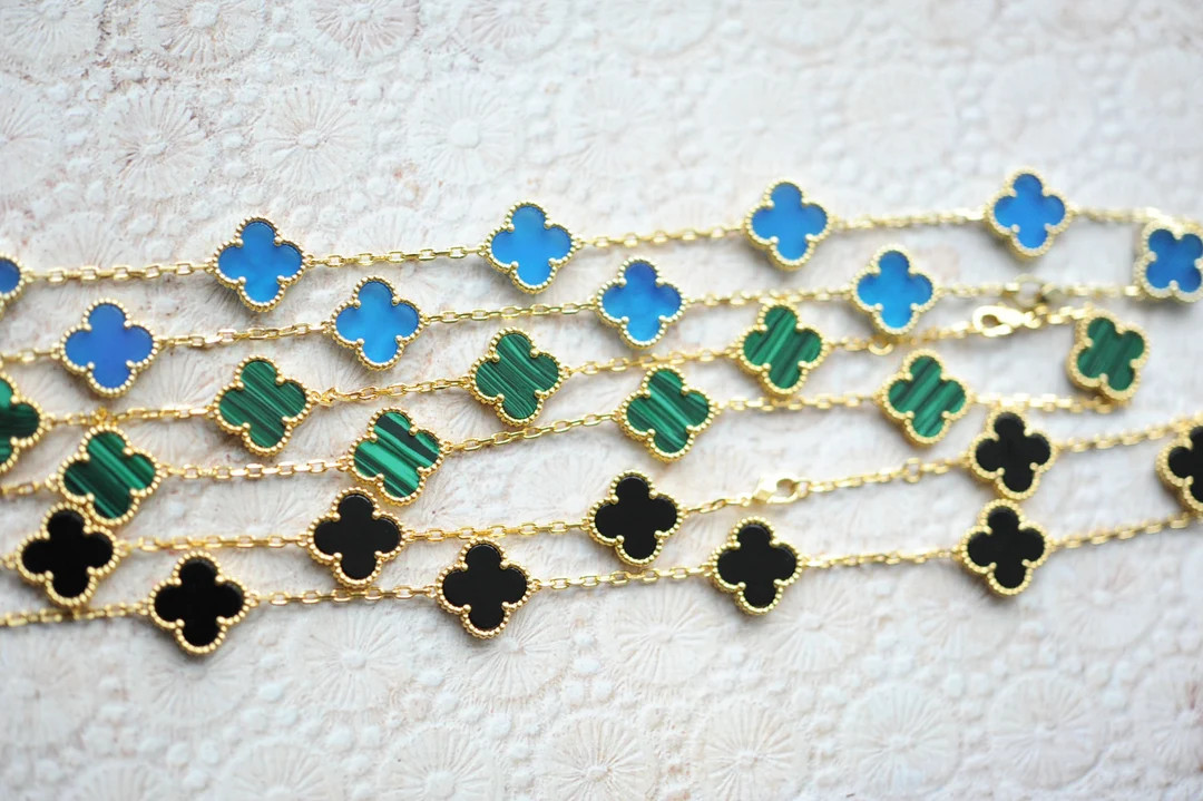 Ten Gemstone Clover Necklace, 10 Clover Necklace, Blue Agate, Black Onyx, Green Malachite, Gold P... | Etsy (US)