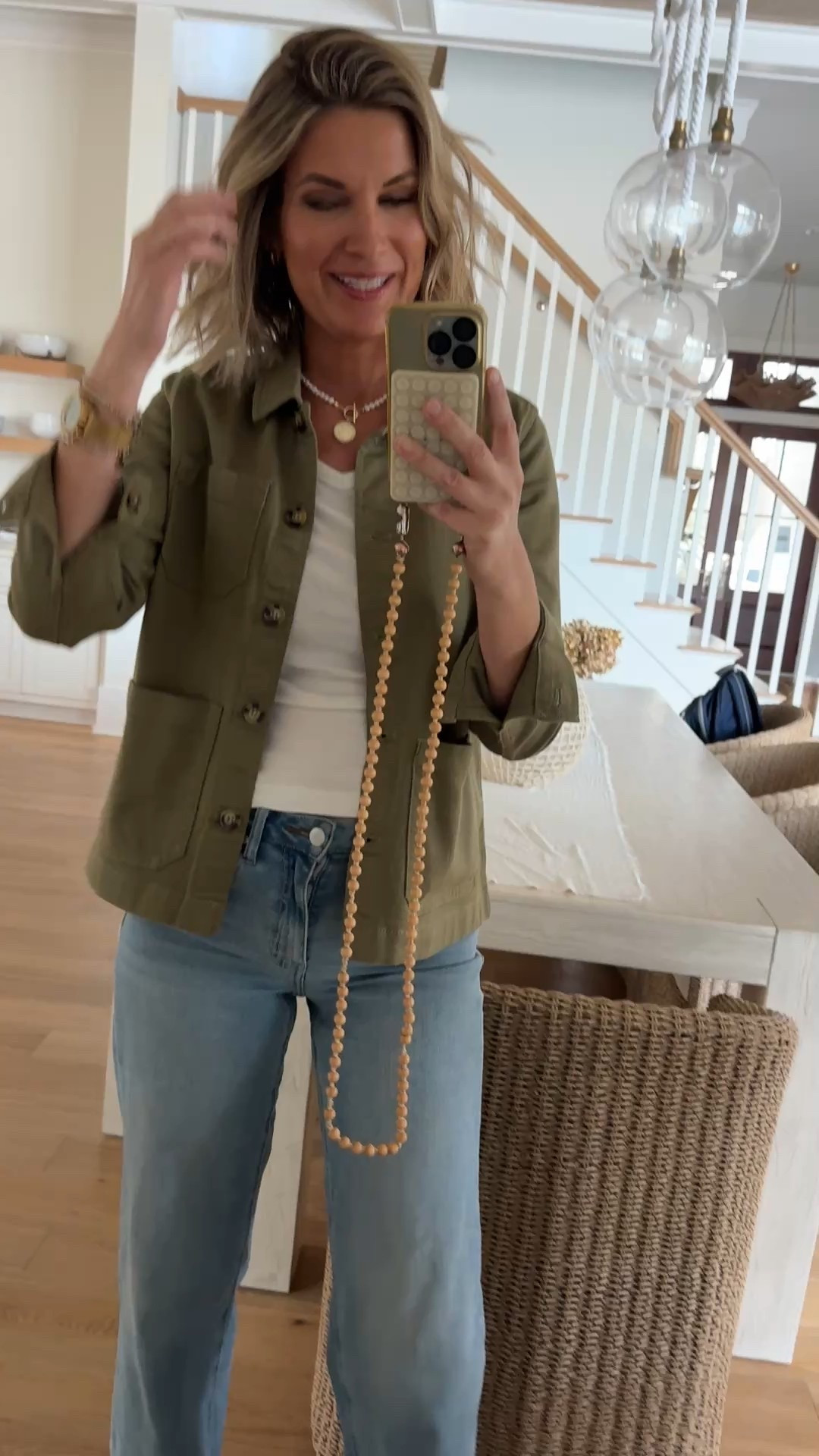 Small jacket. Xs tee. 27x34 wide leg jeans.  This inseam runs short compared to other brands.  

#LTKootd #LTKOver40 #LTKTall