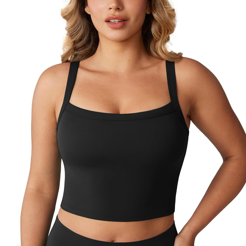 Hugcurve Adjustable Longline Sports Bra Square Neck Workout Tank Crop Tops for Women with Built i... | Amazon (US)