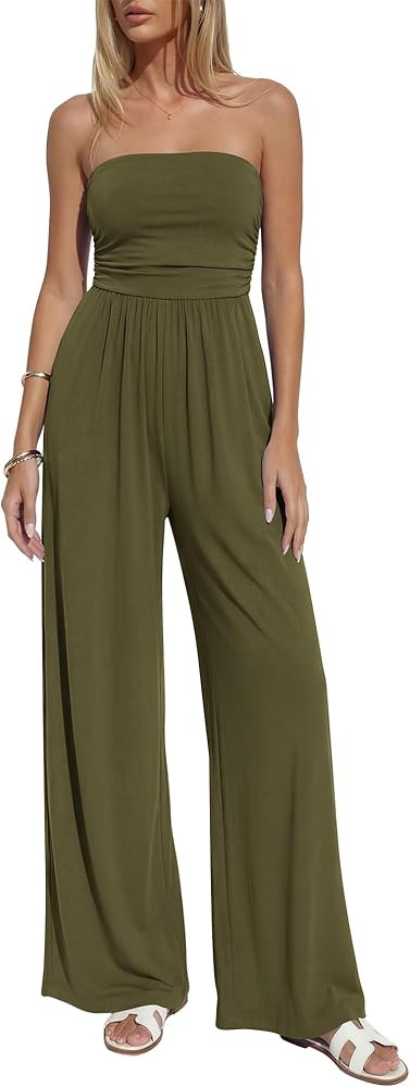 BTFBM Jumpsuits For Women Summer 2026 Beach Vacation Strapless Tube Top Jumpsuit Ruched Casual Wi... | Amazon (US)