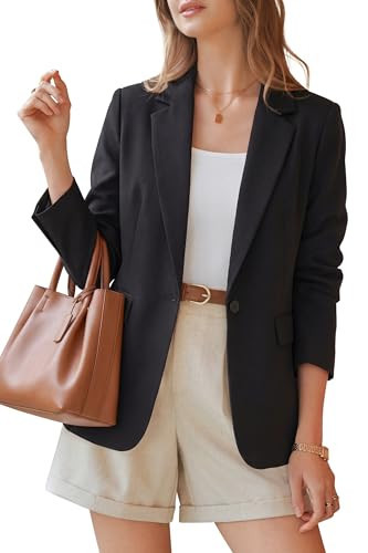 Arach&Cloz Womens Blazers for Business Casual 2026 Fashion Linen Blend Open Front Long Sleeve Suit Jackets Trendy Work Office Blazer with Pockets Dressy Summer Clothes for Women Black L | Amazon (US)