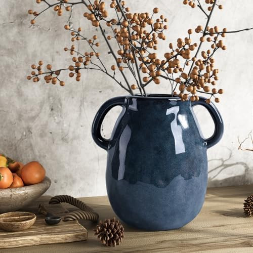 7 Inch Retro Navy Blue Ceramic Vase with Handles, Modern Glazed Blue Vase for Flowers, Farmhouse ... | Amazon (US)