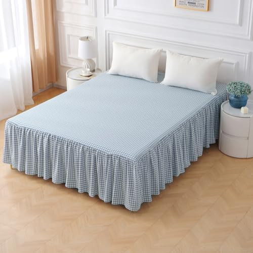 Blue/White Plaid Bed Skirt Washed Cotton Vintage Gingham Checkered Dust Ruffle Queen Size 18" Bed... | Amazon (US)