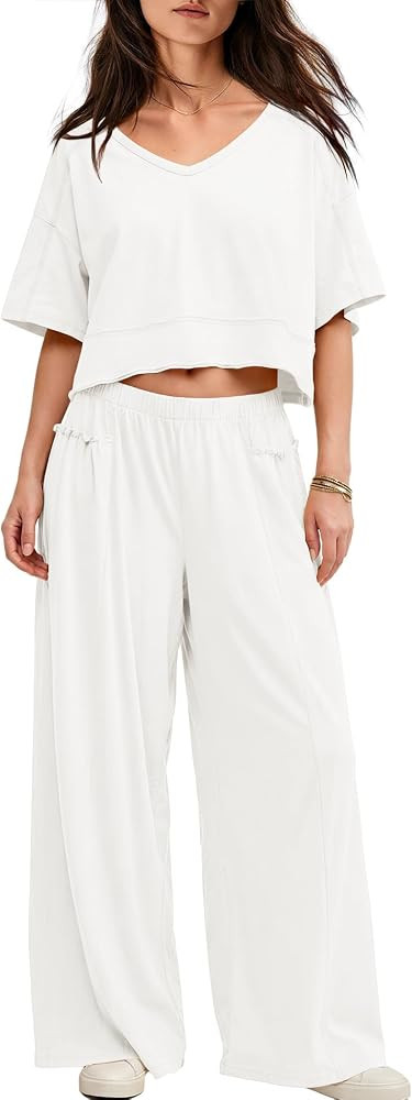 ReachMe Womens 2 Piece Outfits Casual V Neck Crop Tops Wide Leg Pants Lounge Sets with Pockets 20... | Amazon (US)