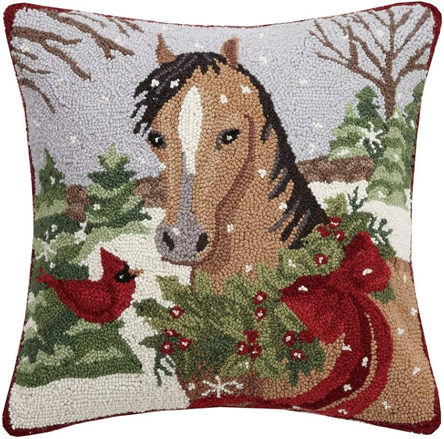 Peking Handicraft Light Brown Holiday Horse Christmas Holly - 18" Hooked Wool Pillow | Amazon (US)