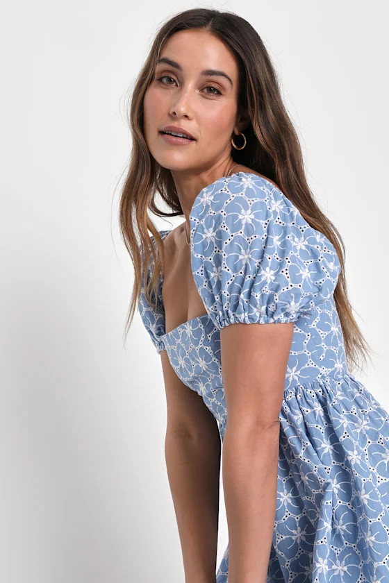 Fit to Frolic Blue Eyelet Lace Puff Sleeve Babydoll Dress | Lulus
