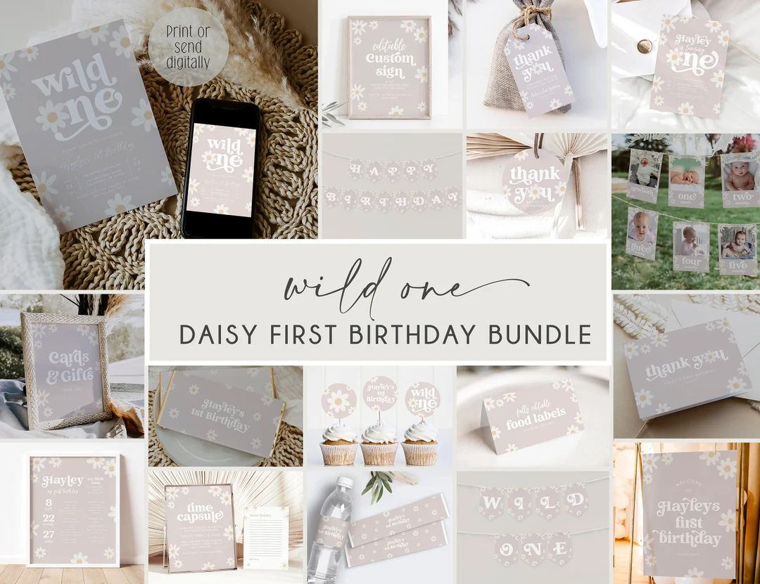 Daisy First Birthday Invitation Bundle Wild One Floral - Etsy | Etsy (US)