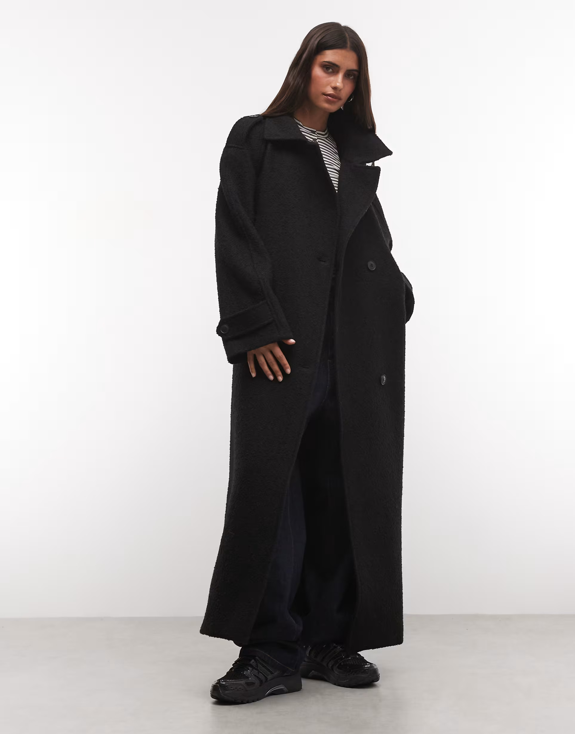 Weekday wool blend funnel neck belted coat in off-black | ASOS (Global)