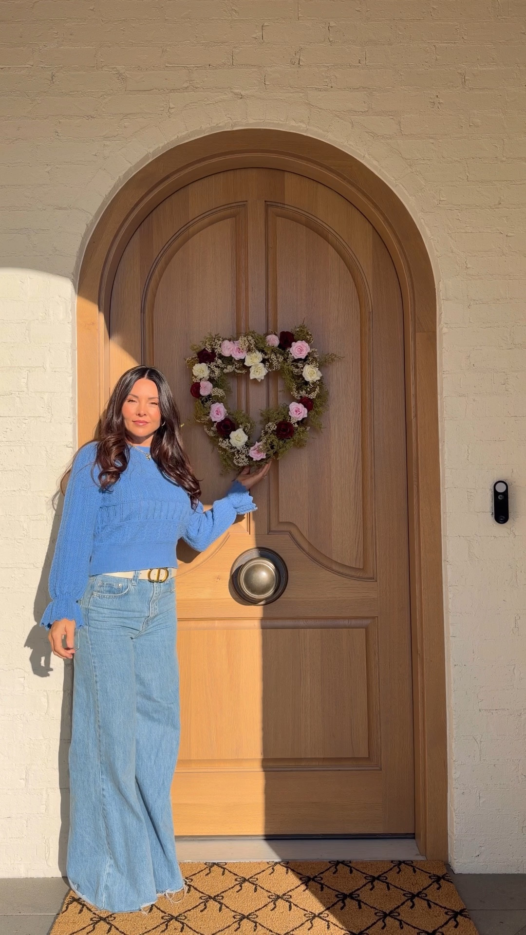 Valentines home decor - wreaths, garland, giant bow, vase fillers 
.
Entryway design 
Blue sweater 
Wide leg jeans 

#LTKSaleAlert #LTKHome