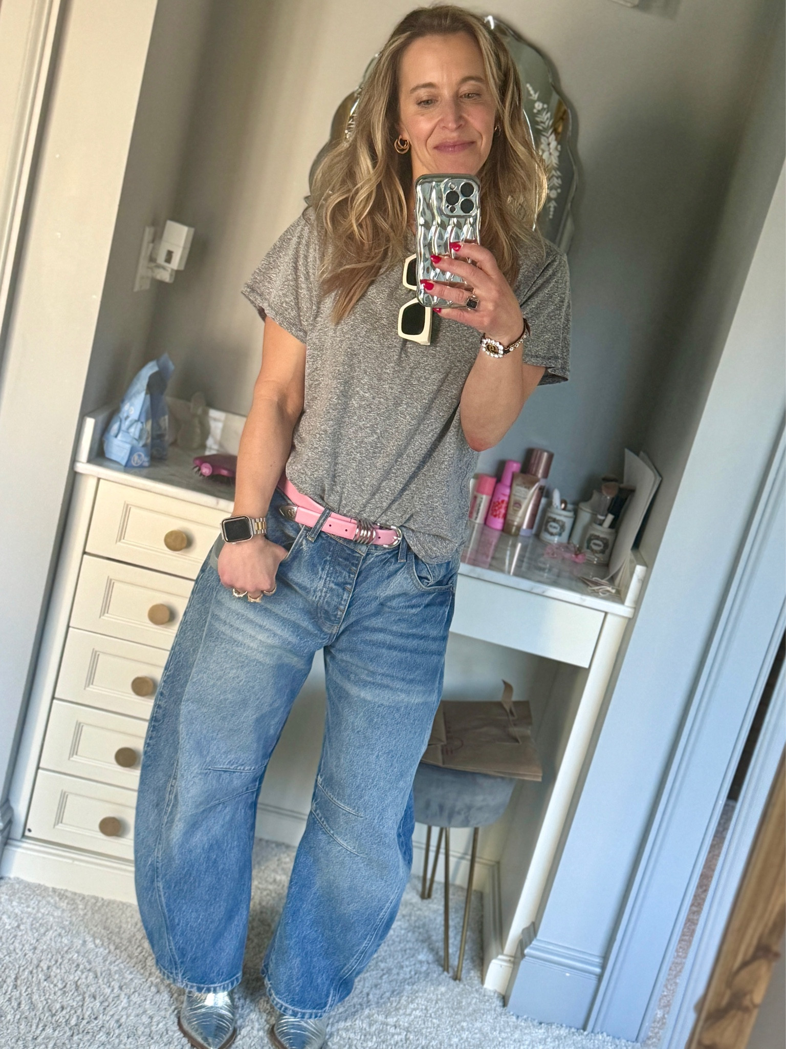Travel day outfit. 

T-shirt - wide leg jeans - pink belt
free people - dehanche - Walmart - free assembly 

#LTKtravel #LTKover40 #LTKstyletip
