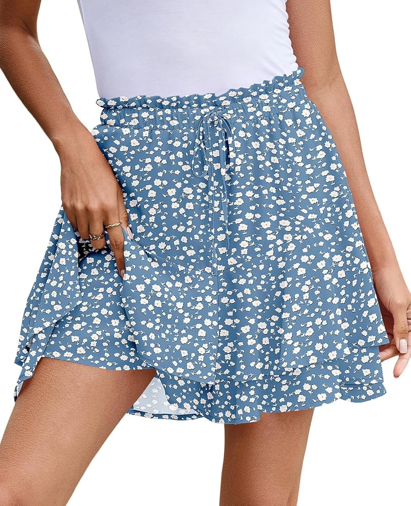 SimpleFun Womens Skorts Floral Ruffled Chiffon Flowy Shorts Summer Flared Mini Skirts | Amazon (US)