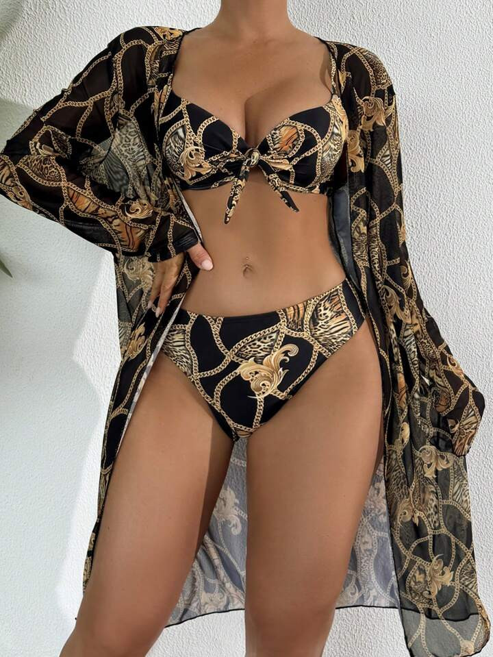 SHEIN Beach Summer 3pcs Women Outfits Set, Include Push Up Bra Top With Neckerchief, Low Waist Panty And Random Print Chiffon Dress, Elegant Bikini Swimsuit | SHEIN