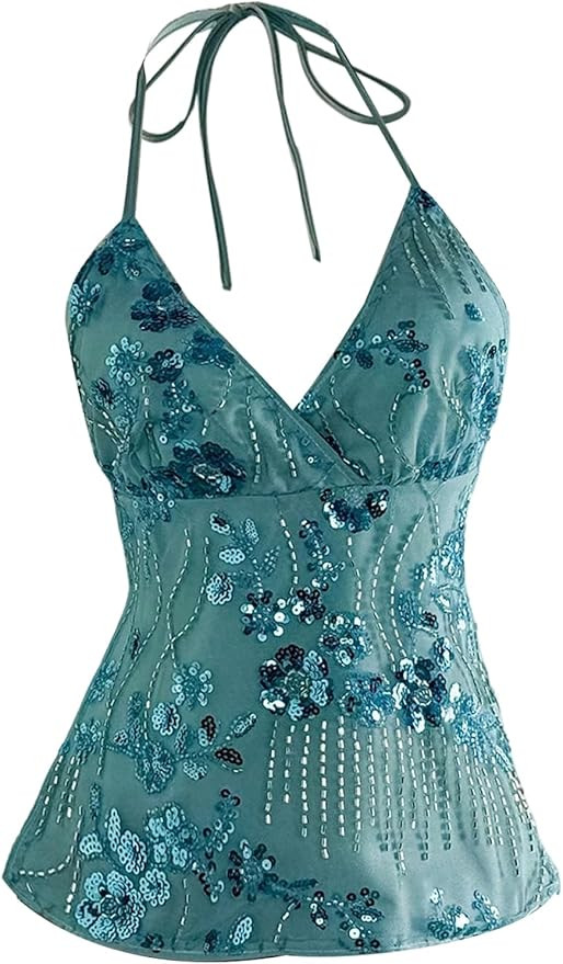 SweatyRocks Women's Sequin Tops Mesh Floral Embroidery Y2K Halter Top | Amazon (US)