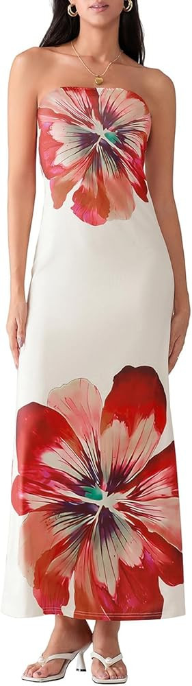 Zwirelz Women Strapless Maxi Dress Boho Floral Print Flowy Long Tube Dress Off Shoulder Loose Bea... | Amazon (US)