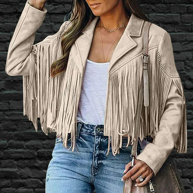 Brnmxoke Womens Vintage Western Fringe Coat Tops Classic Suede Leather 70s Cowboy Shirt Long Slee... | Walmart (US)