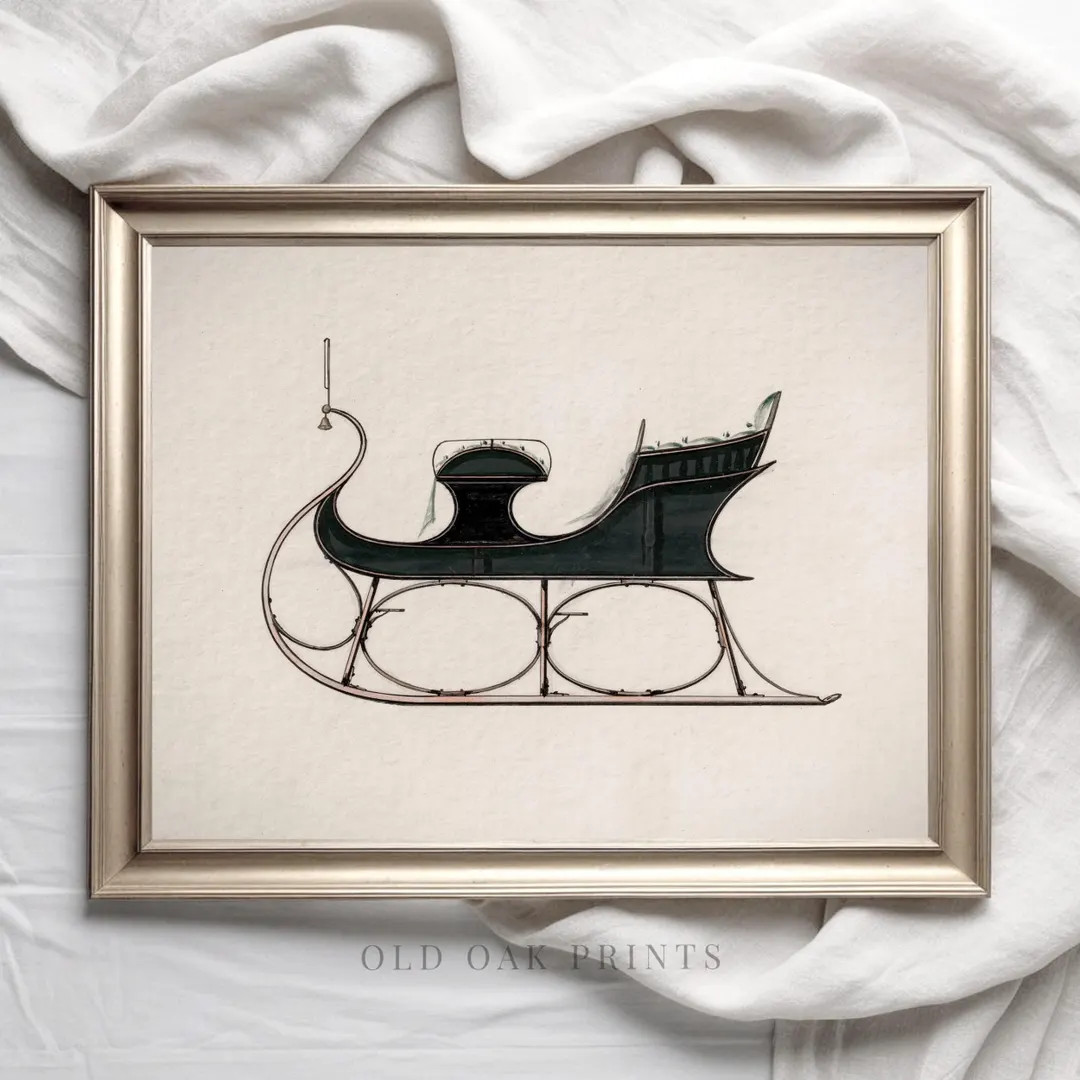 Green Christmas Sleigh Vintage Print: Antique Winter Wall Art (digital Download) - Etsy | Etsy (US)