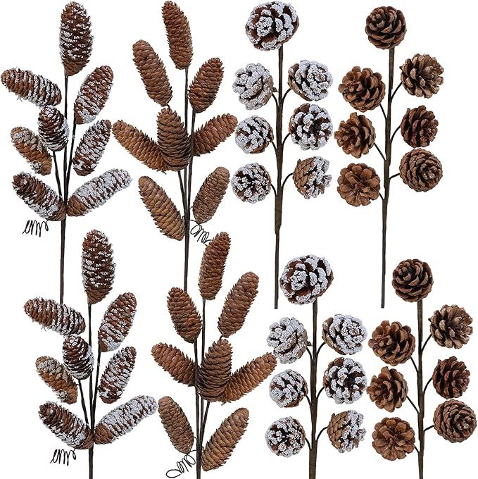 Winlyn 8 Pcs Snowy Natural Pinecone Picks Sprays Christmas Picks Spruce Pine Cones Branches Ornam... | Amazon (US)