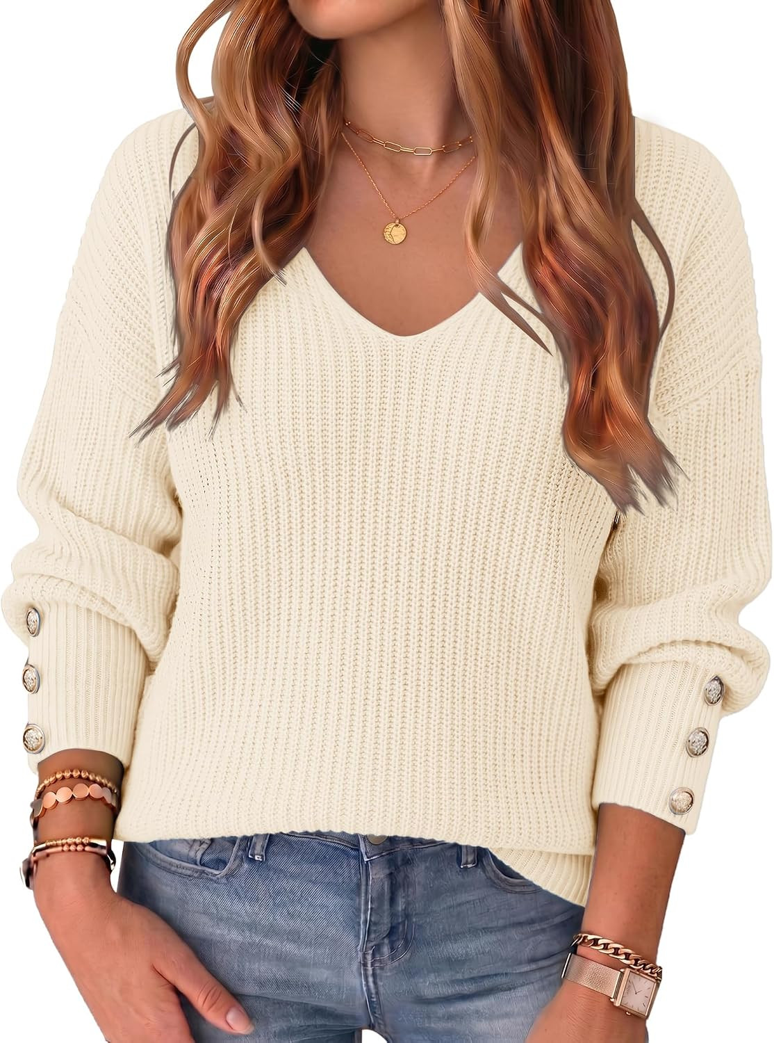 SunnyMelody Fall Sweaters for Women V Neck Drop Shoulder Lantern Sleeve | Amazon (US)